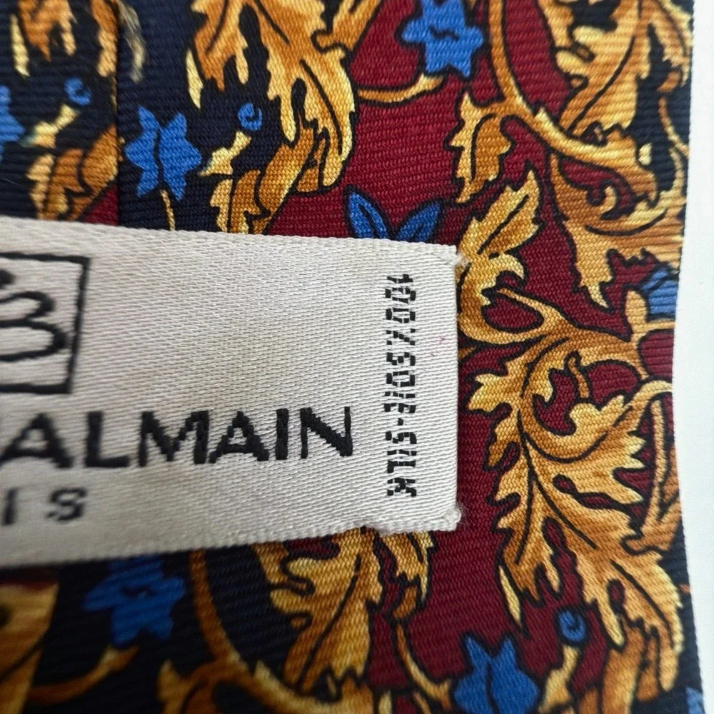 Pierre Balmain Paris Silk Tie Ornate Floral Pattern Gold Navy Burgundy